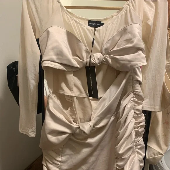 NWT PLT Cream Satin Bardot Twist Front Cut Out Bodycon Dress - Picture 6 of 8